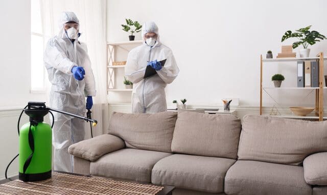 Men in virus protective suit making treatment of sofas